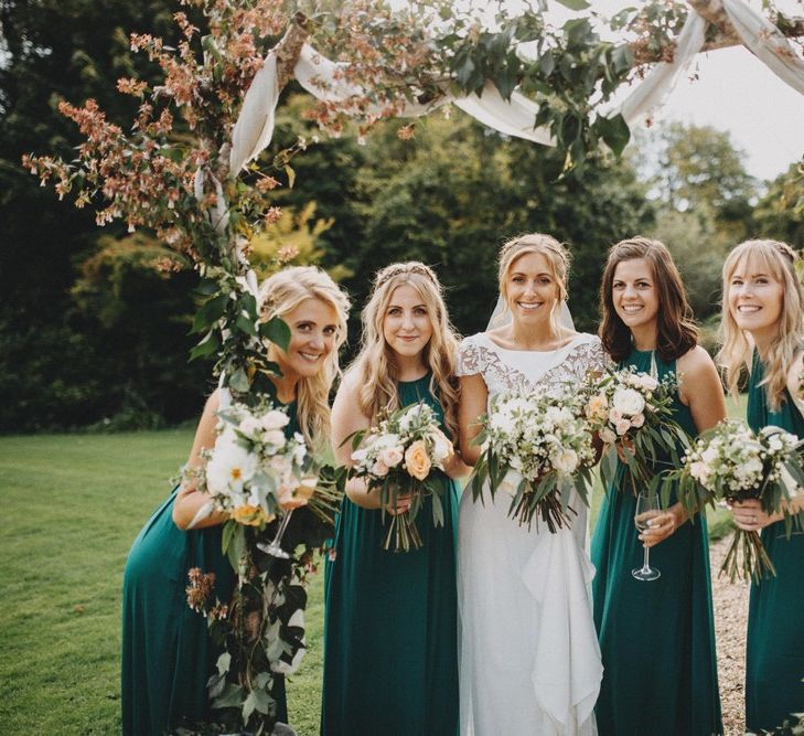 Bridesmaids In Forest Green Dresses With Bride In Rime Arodaky Pennard House Somerset Wedding Images From Ali Paul Photography Film Irene Piera