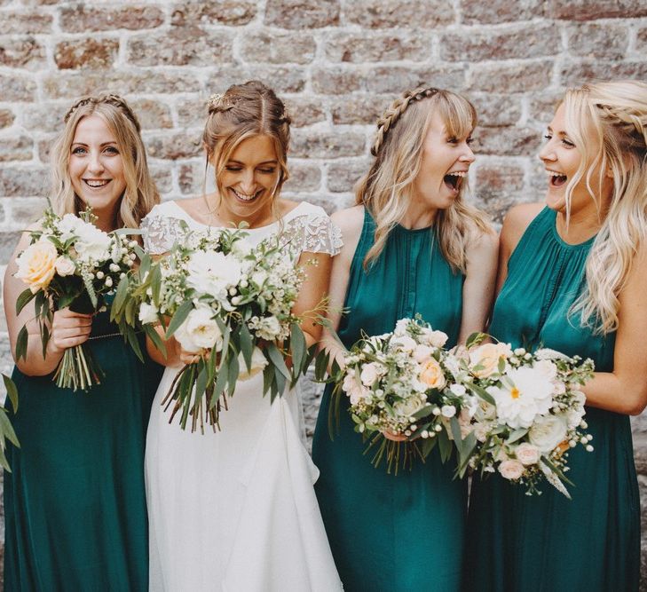 Bridesmaids In Forest Green Dresses With Bride In Rime Arodaky Pennard House Somerset Wedding Images From Ali Paul Photography Film Irene Piera