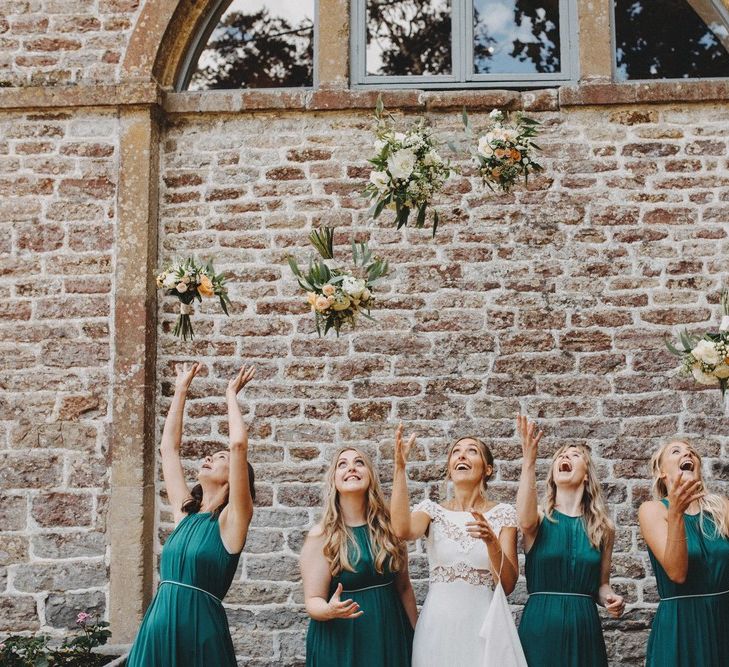 Bridesmaids In Forest Green Dresses With Bride In Rime Arodaky Pennard House Somerset Wedding Images From Ali Paul Photography Film Irene Piera