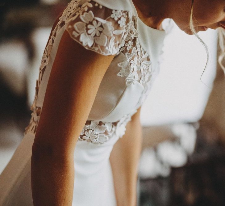 Floral Laser Cut Lace Wedding Dress With Cap Sleeves By Rime Arodaky