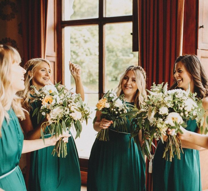 Bridesmaids In Forest Green Dresses With Bride In Rime Arodaky Pennard House Somerset Wedding Images From Ali Paul Photography Film Irene Piera