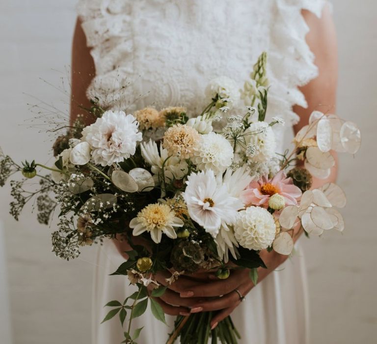 minimalist wedding bouquet with white dahlias