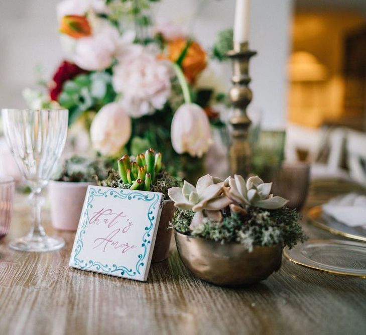 Succulent Wedding Flowers and Ceramic Tile Table Name Decor