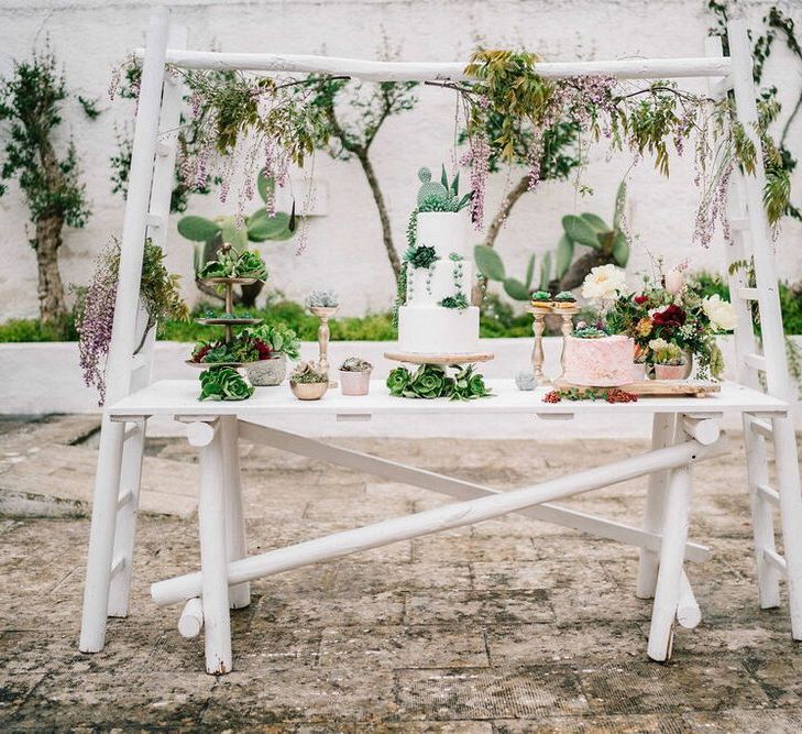 Cake Table with Three Tier Cake Decorated with Succulents