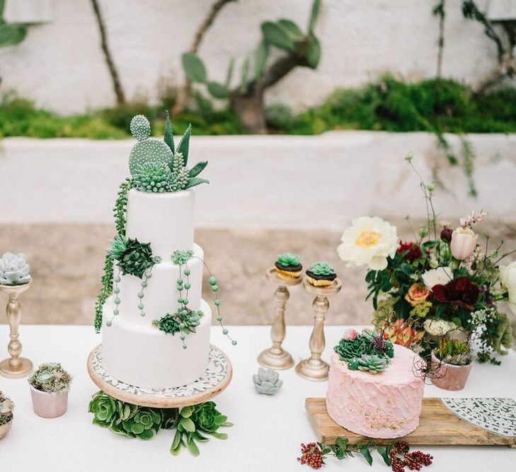 Dessert Table with Succulent Wedding Cake and Plant Decor