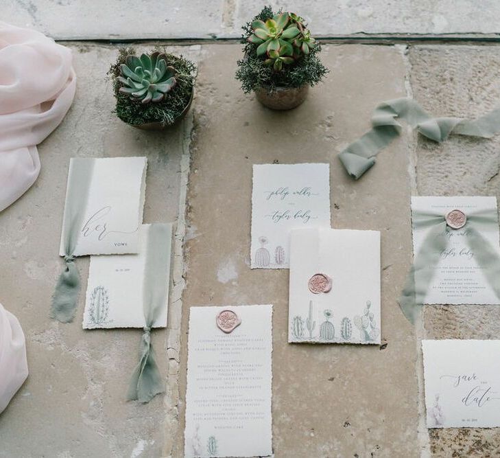 Succulent and Cactus Wedding Stationery Suite Tied with Ribbon and Wax Seals