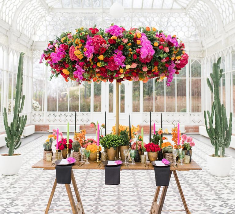 Delicate &amp; Feminine, and Bold &amp; Passionate Frida Kahlo Wedding Inspiration at Horniman Museum Glasshouse Venue | Styled by Anna Fern Events | Elizabeth’s Cake Emporium | Wild About Flowers | Joanne Fleming Design Gowns | Roberta Facchini Photography