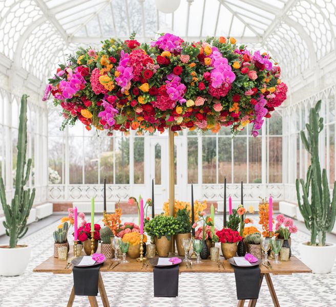 Delicate &amp; Feminine, and Bold &amp; Passionate Frida Kahlo Wedding Inspiration at Horniman Museum Glasshouse Venue | Styled by Anna Fern Events | Elizabeth’s Cake Emporium | Wild About Flowers | Joanne Fleming Design Gowns | Roberta Facchini Photography