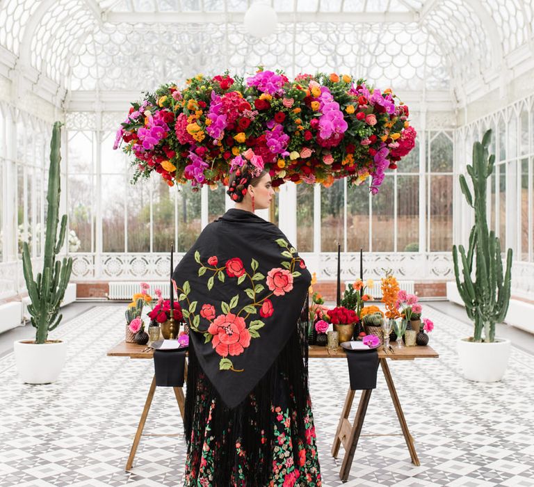 Delicate &amp; Feminine, and Bold &amp; Passionate Frida Kahlo Wedding Inspiration at Horniman Museum Glasshouse Venue | Styled by Anna Fern Events | Elizabeth’s Cake Emporium | Wild About Flowers | Joanne Fleming Design Gowns | Roberta Facchini Photography