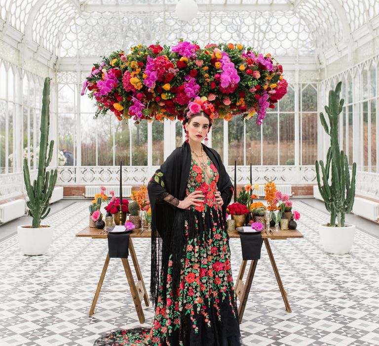 Delicate &amp; Feminine, and Bold &amp; Passionate Frida Kahlo Wedding Inspiration at Horniman Museum Glasshouse Venue | Styled by Anna Fern Events | Elizabeth’s Cake Emporium | Wild About Flowers | Joanne Fleming Design Gowns | Roberta Facchini Photography