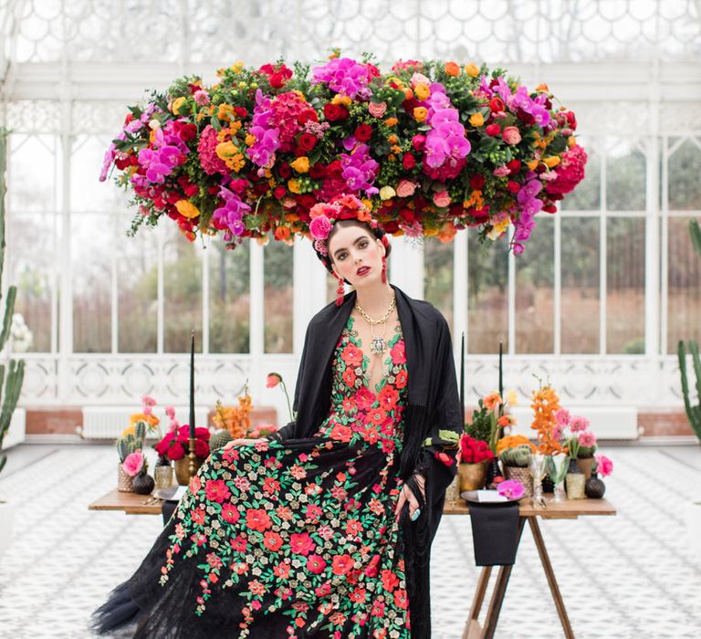 Delicate &amp; Feminine, and Bold &amp; Passionate Frida Kahlo Wedding Inspiration at Horniman Museum Glasshouse Venue | Styled by Anna Fern Events | Elizabeth’s Cake Emporium | Wild About Flowers | Joanne Fleming Design Gowns | Roberta Facchini Photography