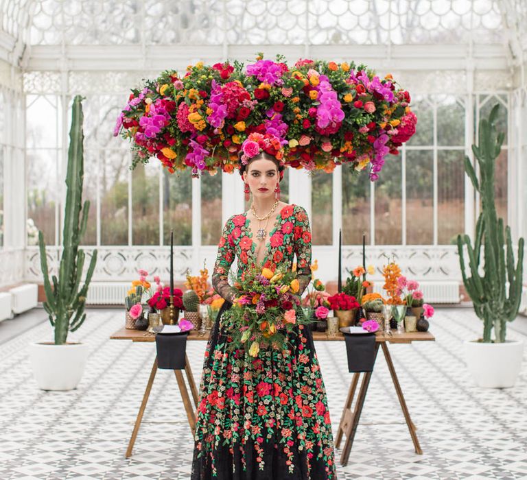 Delicate &amp; Feminine, and Bold &amp; Passionate Frida Kahlo Wedding Inspiration at Horniman Museum Glasshouse Venue | Styled by Anna Fern Events | Elizabeth’s Cake Emporium | Wild About Flowers | Joanne Fleming Design Gowns | Roberta Facchini Photography