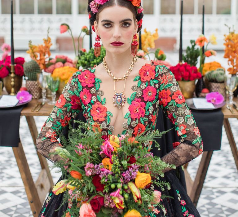 Delicate &amp; Feminine, and Bold &amp; Passionate Frida Kahlo Wedding Inspiration at Horniman Museum Glasshouse Venue | Styled by Anna Fern Events | Elizabeth’s Cake Emporium | Wild About Flowers | Joanne Fleming Design Gowns | Roberta Facchini Photography