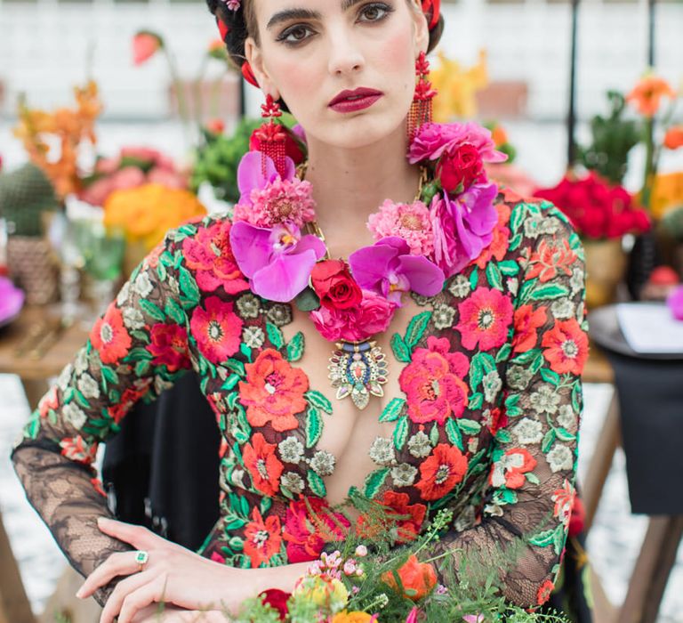 Delicate &amp; Feminine, and Bold &amp; Passionate Frida Kahlo Wedding Inspiration at Horniman Museum Glasshouse Venue | Styled by Anna Fern Events | Elizabeth’s Cake Emporium | Wild About Flowers | Joanne Fleming Design Gowns | Roberta Facchini Photography