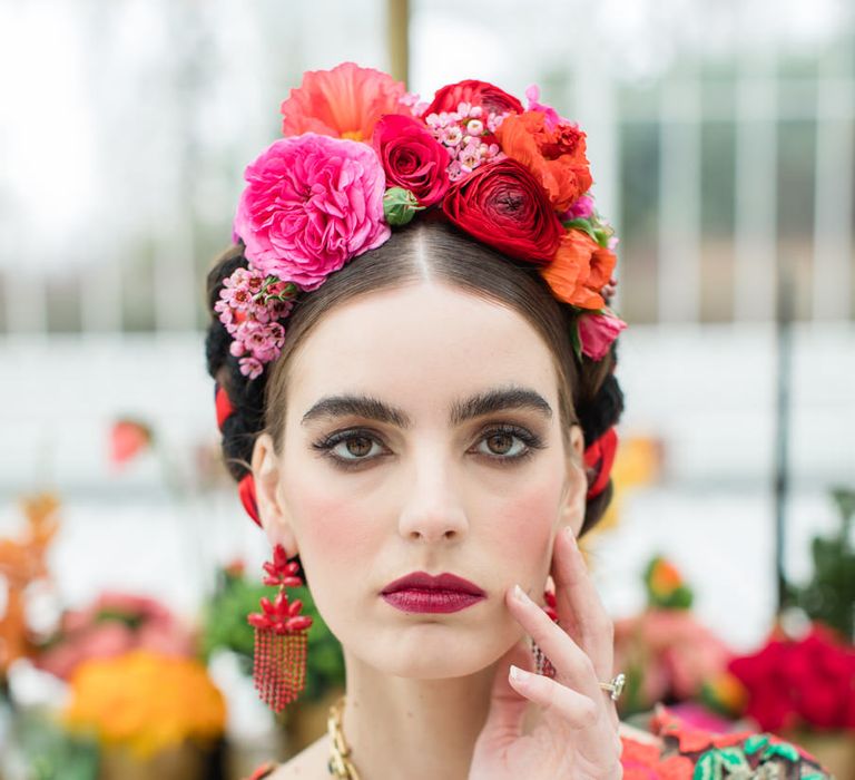 Delicate &amp; Feminine, and Bold &amp; Passionate Frida Kahlo Wedding Inspiration at Horniman Museum Glasshouse Venue | Styled by Anna Fern Events | Elizabeth’s Cake Emporium | Wild About Flowers | Joanne Fleming Design Gowns | Roberta Facchini Photography