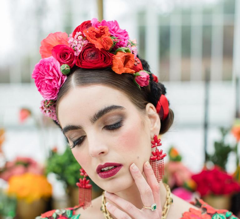 Delicate &amp; Feminine, and Bold &amp; Passionate Frida Kahlo Wedding Inspiration at Horniman Museum Glasshouse Venue | Styled by Anna Fern Events | Elizabeth’s Cake Emporium | Wild About Flowers | Joanne Fleming Design Gowns | Roberta Facchini Photography