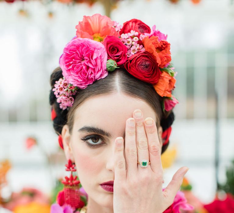 Delicate &amp; Feminine, and Bold &amp; Passionate Frida Kahlo Wedding Inspiration at Horniman Museum Glasshouse Venue | Styled by Anna Fern Events | Elizabeth’s Cake Emporium | Wild About Flowers | Joanne Fleming Design Gowns | Roberta Facchini Photography