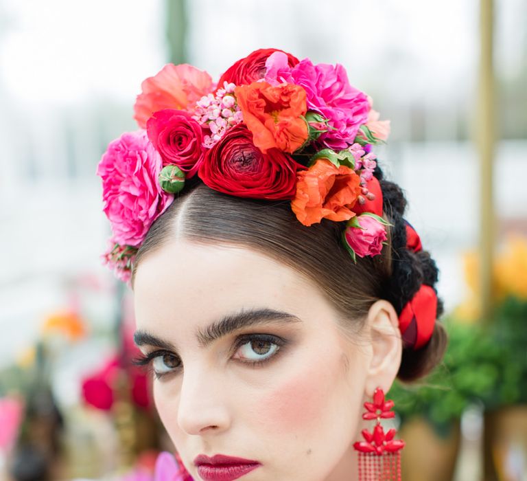 Delicate &amp; Feminine, and Bold &amp; Passionate Frida Kahlo Wedding Inspiration at Horniman Museum Glasshouse Venue | Styled by Anna Fern Events | Elizabeth’s Cake Emporium | Wild About Flowers | Joanne Fleming Design Gowns | Roberta Facchini Photography