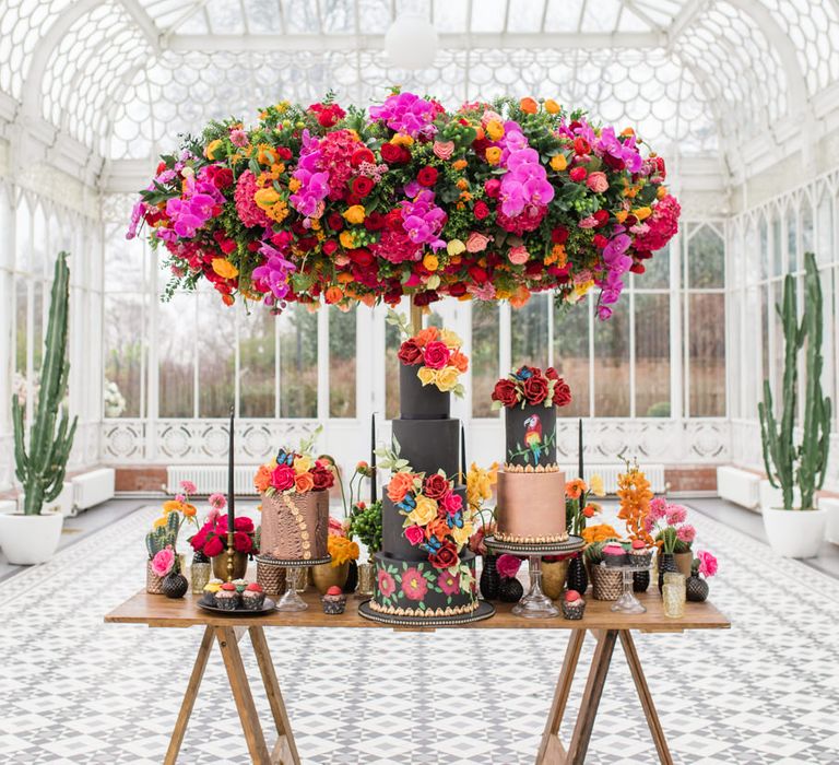 Delicate &amp; Feminine, and Bold &amp; Passionate Frida Kahlo Wedding Inspiration at Horniman Museum Glasshouse Venue | Styled by Anna Fern Events | Elizabeth’s Cake Emporium | Wild About Flowers | Joanne Fleming Design Gowns | Roberta Facchini Photography