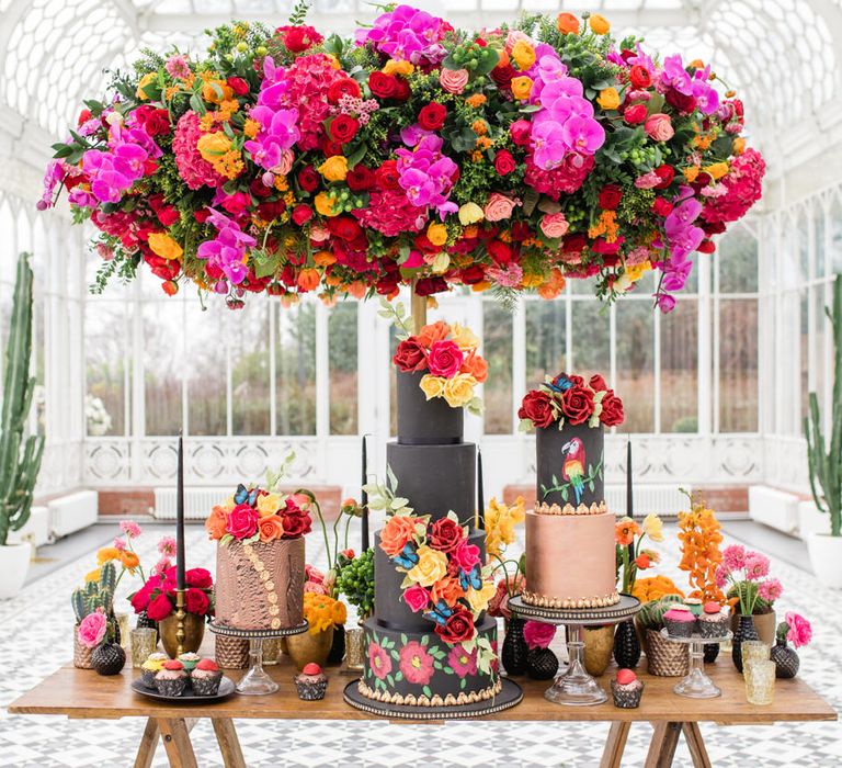 Delicate &amp; Feminine, and Bold &amp; Passionate Frida Kahlo Wedding Inspiration at Horniman Museum Glasshouse Venue | Styled by Anna Fern Events | Elizabeth’s Cake Emporium | Wild About Flowers | Joanne Fleming Design Gowns | Roberta Facchini Photography