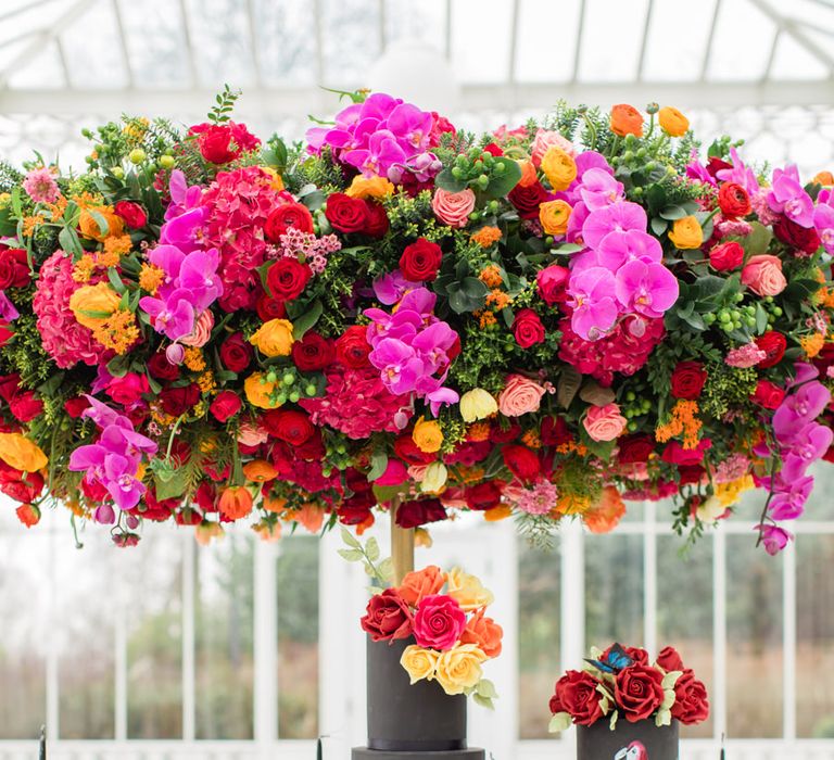 Delicate &amp; Feminine, and Bold &amp; Passionate Frida Kahlo Wedding Inspiration at Horniman Museum Glasshouse Venue | Styled by Anna Fern Events | Elizabeth’s Cake Emporium | Wild About Flowers | Joanne Fleming Design Gowns | Roberta Facchini Photography