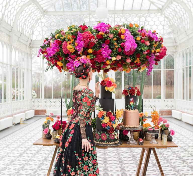 Delicate &amp; Feminine, and Bold &amp; Passionate Frida Kahlo Wedding Inspiration at Horniman Museum Glasshouse Venue | Styled by Anna Fern Events | Elizabeth’s Cake Emporium | Wild About Flowers | Joanne Fleming Design Gowns | Roberta Facchini Photography