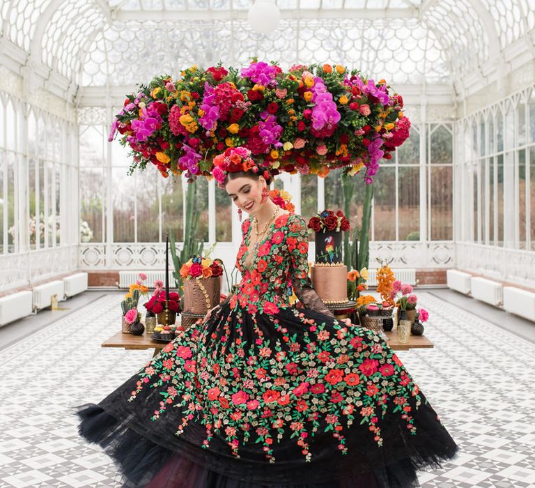 Delicate &amp; Feminine, and Bold &amp; Passionate Frida Kahlo Wedding Inspiration at Horniman Museum Glasshouse Venue | Styled by Anna Fern Events | Elizabeth’s Cake Emporium | Wild About Flowers | Joanne Fleming Design Gowns | Roberta Facchini Photography