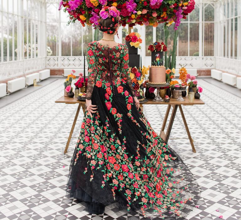 Delicate &amp; Feminine, and Bold &amp; Passionate Frida Kahlo Wedding Inspiration at Horniman Museum Glasshouse Venue | Styled by Anna Fern Events | Elizabeth’s Cake Emporium | Wild About Flowers | Joanne Fleming Design Gowns | Roberta Facchini Photography