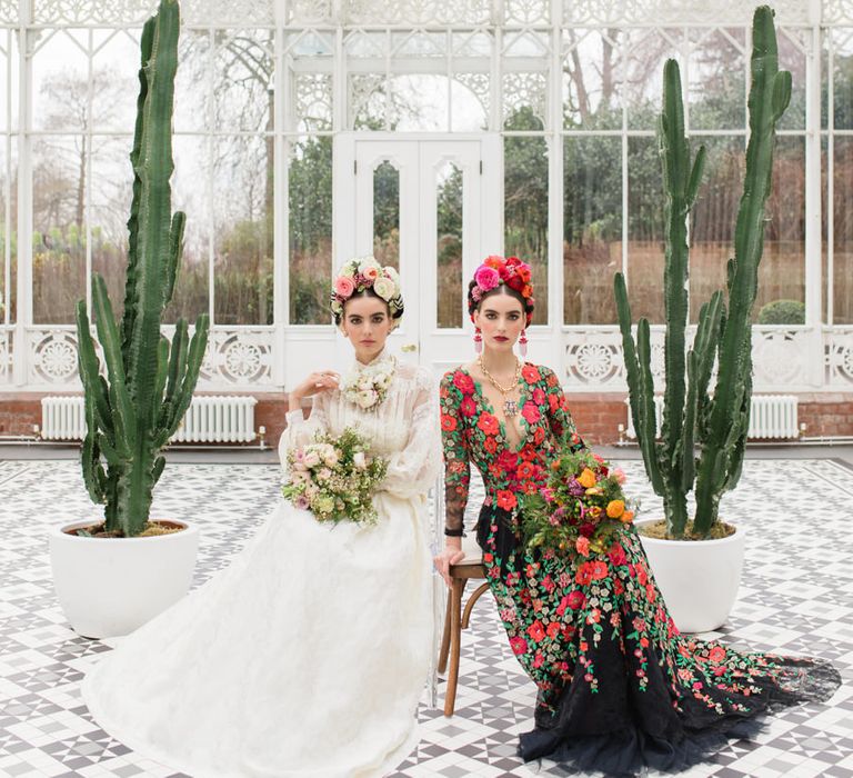 Delicate &amp; Feminine, and Bold &amp; Passionate Frida Kahlo Wedding Inspiration at Horniman Museum Glasshouse Venue | Styled by Anna Fern Events | Elizabeth’s Cake Emporium | Wild About Flowers | Joanne Fleming Design Gowns | Roberta Facchini Photography