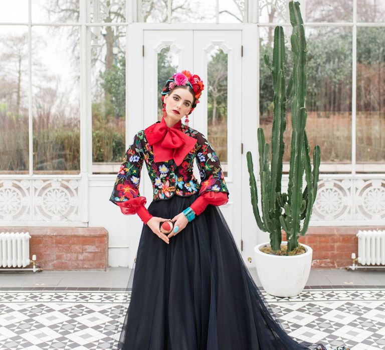 Delicate &amp; Feminine, and Bold &amp; Passionate Frida Kahlo Wedding Inspiration at Horniman Museum Glasshouse Venue | Styled by Anna Fern Events | Elizabeth’s Cake Emporium | Wild About Flowers | Joanne Fleming Design Gowns | Roberta Facchini Photography