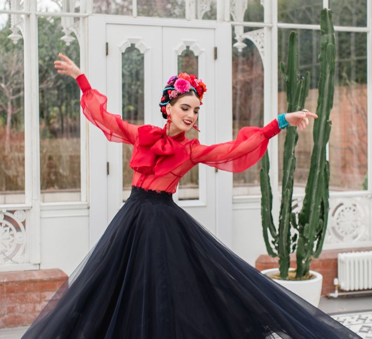 Delicate &amp; Feminine, and Bold &amp; Passionate Frida Kahlo Wedding Inspiration at Horniman Museum Glasshouse Venue | Styled by Anna Fern Events | Elizabeth’s Cake Emporium | Wild About Flowers | Joanne Fleming Design Gowns | Roberta Facchini Photography