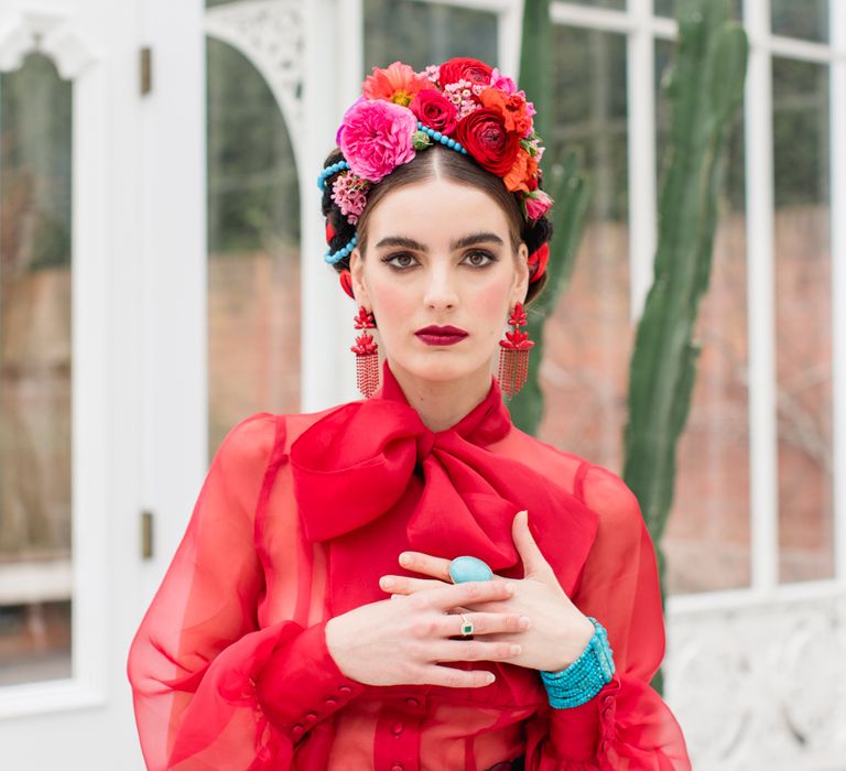 Delicate &amp; Feminine, and Bold &amp; Passionate Frida Kahlo Wedding Inspiration at Horniman Museum Glasshouse Venue | Styled by Anna Fern Events | Elizabeth’s Cake Emporium | Wild About Flowers | Joanne Fleming Design Gowns | Roberta Facchini Photography