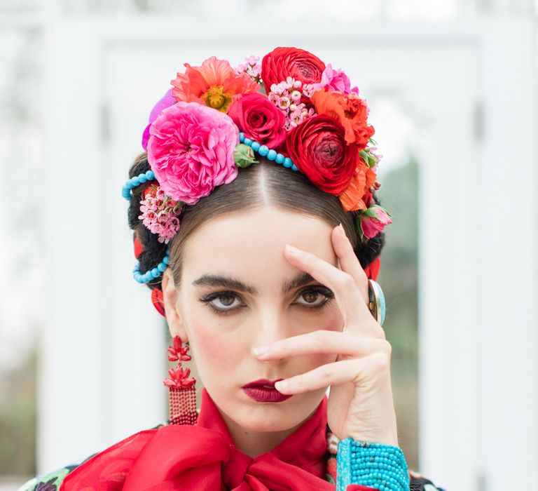 Delicate &amp; Feminine, and Bold &amp; Passionate Frida Kahlo Wedding Inspiration at Horniman Museum Glasshouse Venue | Styled by Anna Fern Events | Elizabeth’s Cake Emporium | Wild About Flowers | Joanne Fleming Design Gowns | Roberta Facchini Photography