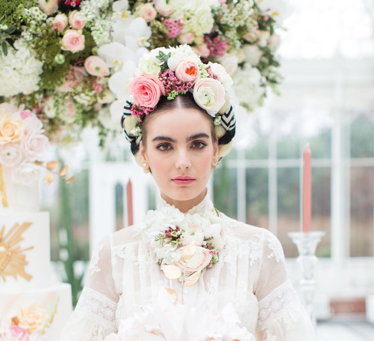 Delicate &amp; Feminine, and Bold &amp; Passionate Frida Kahlo Wedding Inspiration at Horniman Museum Glasshouse Venue | Styled by Anna Fern Events | Elizabeth’s Cake Emporium | Wild About Flowers | Joanne Fleming Design Gowns | Roberta Facchini Photography