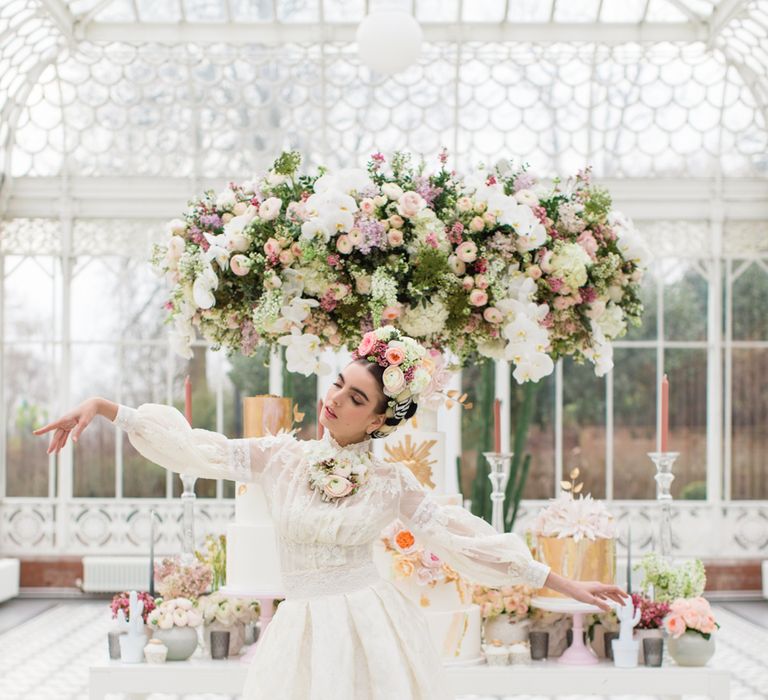 Delicate &amp; Feminine, and Bold &amp; Passionate Frida Kahlo Wedding Inspiration at Horniman Museum Glasshouse Venue | Styled by Anna Fern Events | Elizabeth’s Cake Emporium | Wild About Flowers | Joanne Fleming Design Gowns | Roberta Facchini Photography