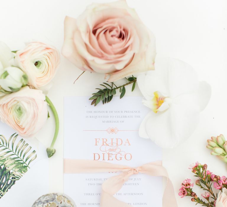 Delicate &amp; Feminine, and Bold &amp; Passionate Frida Kahlo Wedding Inspiration at Horniman Museum Glasshouse Venue | Styled by Anna Fern Events | Elizabeth’s Cake Emporium | Wild About Flowers | Joanne Fleming Design Gowns | Roberta Facchini Photography