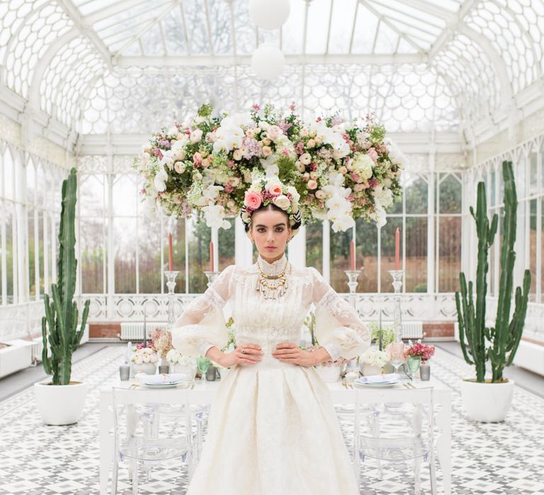 Delicate &amp; Feminine, and Bold &amp; Passionate Frida Kahlo Wedding Inspiration at Horniman Museum Glasshouse Venue | Styled by Anna Fern Events | Elizabeth’s Cake Emporium | Wild About Flowers | Joanne Fleming Design Gowns | Roberta Facchini Photography