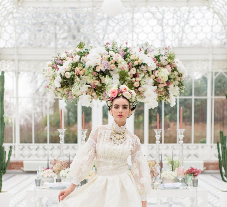 Delicate &amp; Feminine, and Bold &amp; Passionate Frida Kahlo Wedding Inspiration at Horniman Museum Glasshouse Venue | Styled by Anna Fern Events | Elizabeth’s Cake Emporium | Wild About Flowers | Joanne Fleming Design Gowns | Roberta Facchini Photography