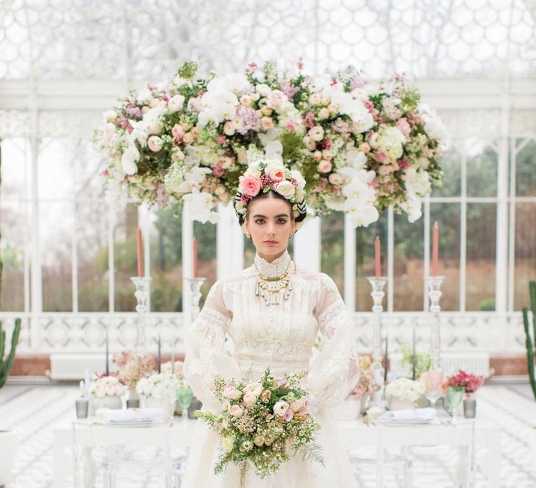 Delicate &amp; Feminine, and Bold &amp; Passionate Frida Kahlo Wedding Inspiration at Horniman Museum Glasshouse Venue | Styled by Anna Fern Events | Elizabeth’s Cake Emporium | Wild About Flowers | Joanne Fleming Design Gowns | Roberta Facchini Photography