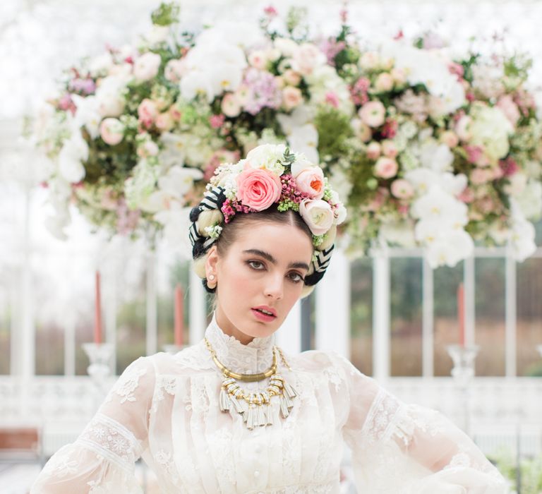 Delicate &amp; Feminine, and Bold &amp; Passionate Frida Kahlo Wedding Inspiration at Horniman Museum Glasshouse Venue | Styled by Anna Fern Events | Elizabeth’s Cake Emporium | Wild About Flowers | Joanne Fleming Design Gowns | Roberta Facchini Photography