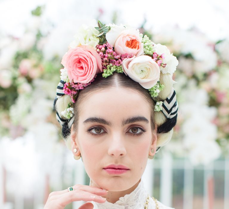 Delicate &amp; Feminine, and Bold &amp; Passionate Frida Kahlo Wedding Inspiration at Horniman Museum Glasshouse Venue | Styled by Anna Fern Events | Elizabeth’s Cake Emporium | Wild About Flowers | Joanne Fleming Design Gowns | Roberta Facchini Photography