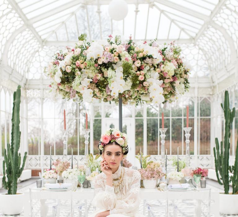 Delicate &amp; Feminine, and Bold &amp; Passionate Frida Kahlo Wedding Inspiration at Horniman Museum Glasshouse Venue | Styled by Anna Fern Events | Elizabeth’s Cake Emporium | Wild About Flowers | Joanne Fleming Design Gowns | Roberta Facchini Photography