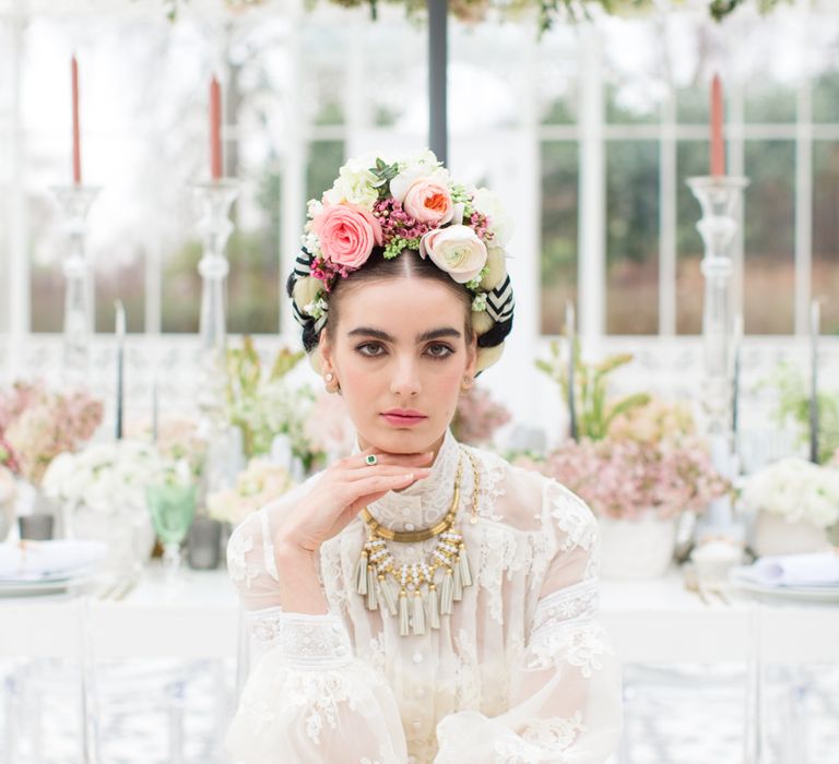 Delicate &amp; Feminine, and Bold &amp; Passionate Frida Kahlo Wedding Inspiration at Horniman Museum Glasshouse Venue | Styled by Anna Fern Events | Elizabeth’s Cake Emporium | Wild About Flowers | Joanne Fleming Design Gowns | Roberta Facchini Photography