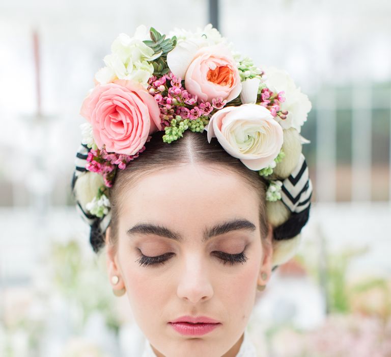 Delicate &amp; Feminine, and Bold &amp; Passionate Frida Kahlo Wedding Inspiration at Horniman Museum Glasshouse Venue | Styled by Anna Fern Events | Elizabeth’s Cake Emporium | Wild About Flowers | Joanne Fleming Design Gowns | Roberta Facchini Photography