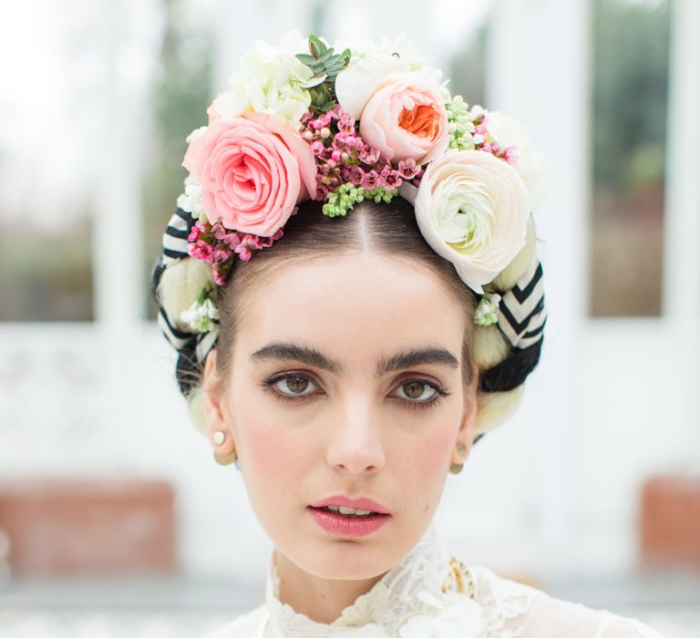 Delicate &amp; Feminine, and Bold &amp; Passionate Frida Kahlo Wedding Inspiration at Horniman Museum Glasshouse Venue | Styled by Anna Fern Events | Elizabeth’s Cake Emporium | Wild About Flowers | Joanne Fleming Design Gowns | Roberta Facchini Photography