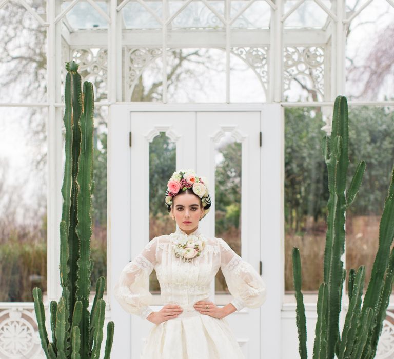 Delicate &amp; Feminine, and Bold &amp; Passionate Frida Kahlo Wedding Inspiration at Horniman Museum Glasshouse Venue | Styled by Anna Fern Events | Elizabeth’s Cake Emporium | Wild About Flowers | Joanne Fleming Design Gowns | Roberta Facchini Photography