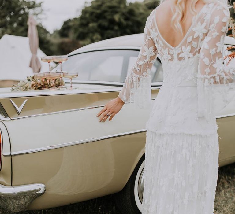 Champagne Tower on Back of Cadillac Wedding Car