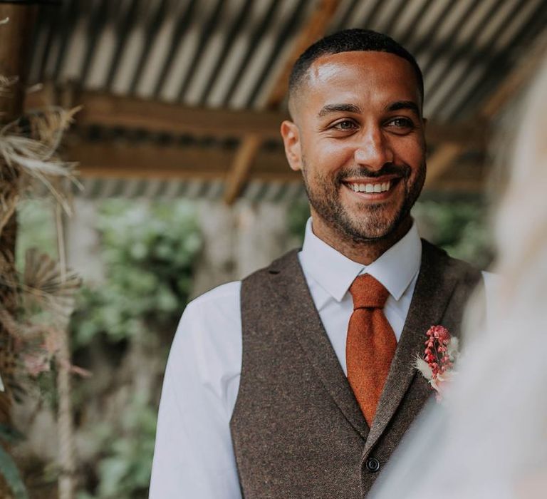 Groom in Brown Wool Waistcoat and Orange Tie