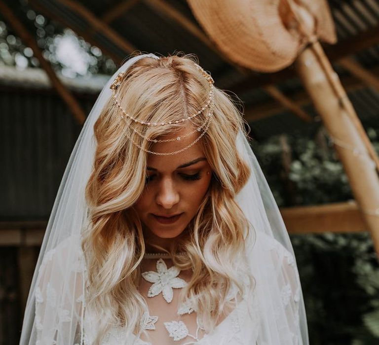 Boho Bride with Applique Wedding Dress and Hair Chain Accessory