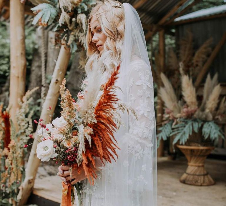 Boho Bride at Woodland Wedding Ceremony